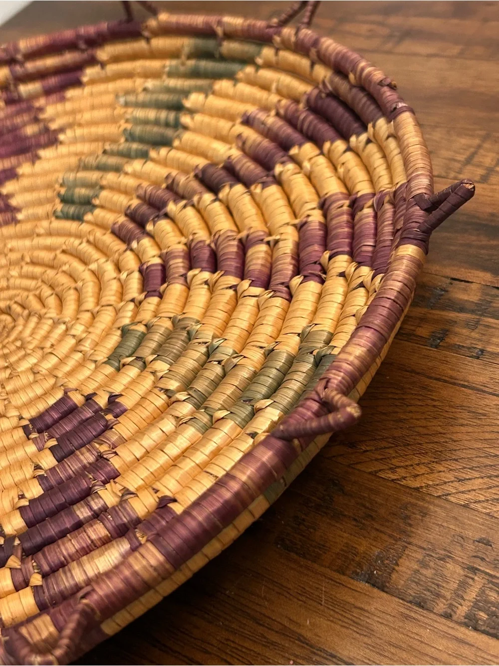 Handwoven Round Decorative Basket Tray - Gold, Burgundy, Olive